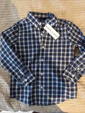 Janie and Jack Navy and White Plaid Button-Down Shirt